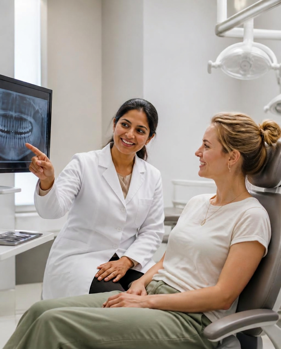 Dentist at Ritual Dentistry in Pitampura, Delhi reviewing a dental X-ray with an international patient travelling from abroad